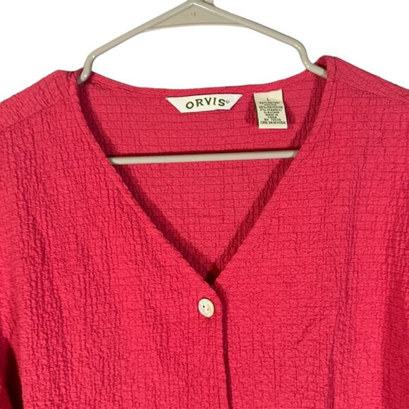 Orvis Dark Pink Button Down V-Neck Long Sleeve Textured Knit Blouse Women Sz L - Picture 5 of 6